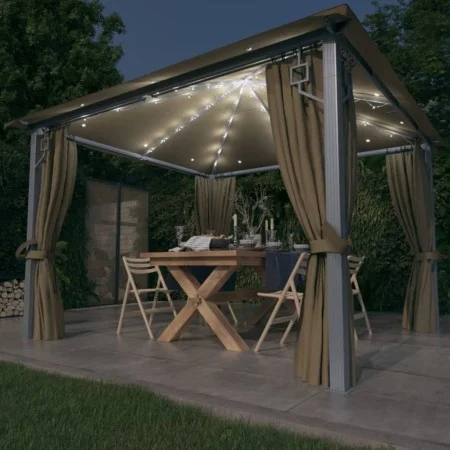 Cenador con cortina y tira de luz aluminio taupé 300x300 cm de vidaXL, Carpas y cenadores - Ref: Foro24-3070334, Precio: 493,...