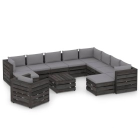 Muebles de jardín 12 piezas con cojines madera impregnada gris