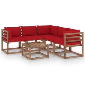 Set de muebles de jardín 6 pzs madera impregnada cojines rojos