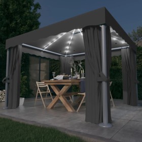 Cenador con cortina y tira de luces aluminio antracita 3x3 m