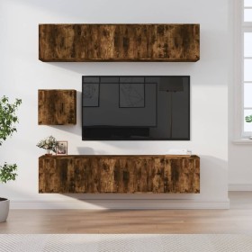 Set de muebles de TV 7 pzas madera contrachapada roble ahumado