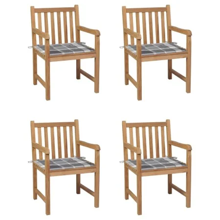 Garden chairs 4 units solid teak wood with gray checkered cushions by vidaXL, Garden chairs - Ref: Foro24-3073018, Price: 593...