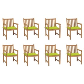 Sillas de jardín 8 uds madera maciza teca cojines verde brillo de vidaXL, Sillas de jardín - Ref: Foro24-3073069, Precio: 1,00 €