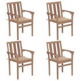 Stapelbare Gartenstühle 4 Stück aus massivem Teakholz mit Kissen von vidaXL, Gartenstühle - Ref: Foro24-3073382, Preis: 515,3...