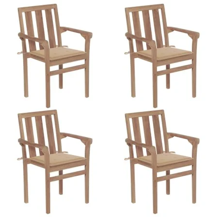 Sillas de jardín apilables 4 uds madera maciza teca con cojines de vidaXL, Sillas de jardín - Ref: Foro24-3073382, Precio: 50...
