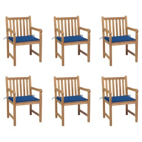 Sillas de jardín 6 uds madera maciza de teca cojines azul royal de vidaXL, Sillas de jardín - Ref: Foro24-3073041, Precio: 91...
