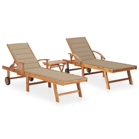 Sun loungers with table and cushion 2 units solid teak wood by vidaXL, Loungers - Ref: Foro24-3073174, Price: 590,96 €, Disco...