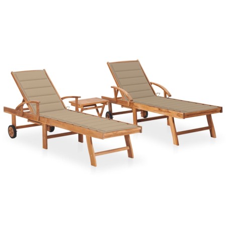 Tumbonas con mesa y cojín 2 unidades madera maciza de teca de vidaXL, Tumbonas - Ref: Foro24-3073174, Precio: 575,36 €, Descu...