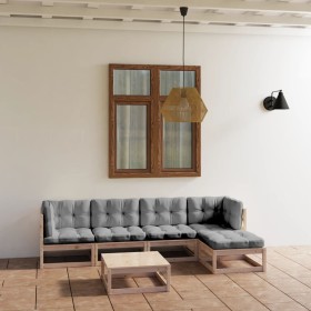 Muebles de jardín 6 piezas con cojines de madera de pino maciza