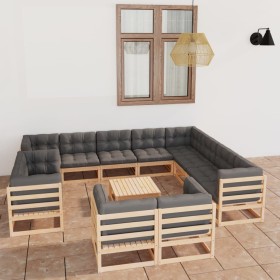 Juego de muebles de jardín 13 pzas y cojines madera maciza pino