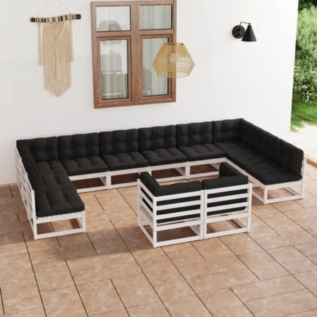 Set de muebles de jardín 12 pzas con cojines madera pino blanco