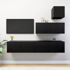Set de muebles de salón TV 4 piezas madera contrachapada negro
