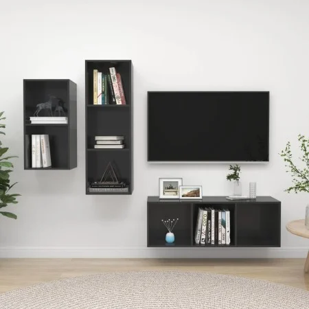 Muebles de salón 3 piezas madera de ingeniería gris brillo de vidaXL, Muebles TV - Ref: Foro24-3079735, Precio: 133,45 €, Des...