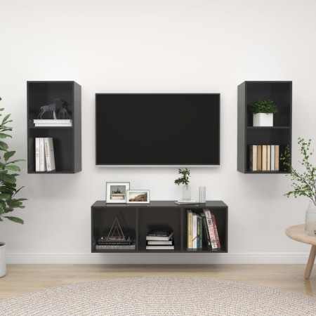 Wohnzimmermöbel, 3-teilig, graues Holzwerkstoff mit Glanz von vidaXL, TV-Möbel - Ref: Foro24-3079744, Preis: 122,52 €, Rabatt: %