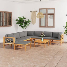 Set de muebles de jardín 9 pzas madera de teca y cojines gris