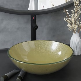 Badezimmerwaschbecken mit Wasserhahn und Ablauf aus goldfarbenem gehärtetem Glas. von vidaXL, Sinkt - Ref: Foro24-3098460, Pr...