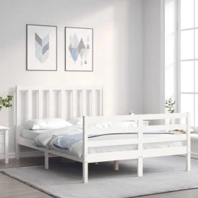 White solid wood bed frame with headboard 140x200 cm by vidaXL, Beds and slatted bases - Ref: Foro24-3193792, Price: 131,38 €...
