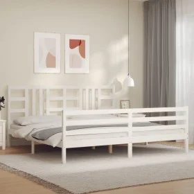 White solid wood bed frame with headboard 200x200 cm by vidaXL, Beds and slatted bases - Ref: Foro24-3193942, Price: 154,20 €...