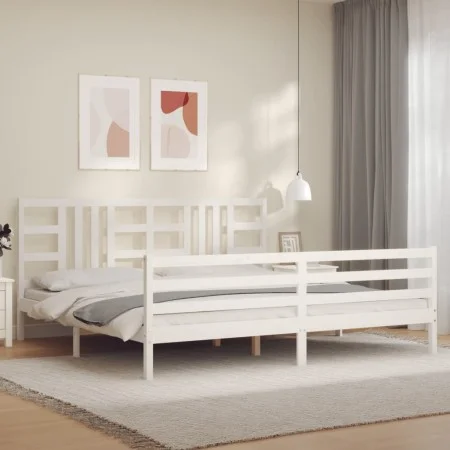 White solid wood bed frame with headboard 200x200 cm by vidaXL, Beds and slatted bases - Ref: Foro24-3193942, Price: 154,19 €...