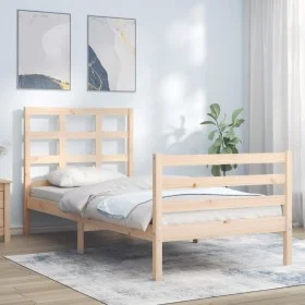 Bed frame with solid wood headboard 90x200 cm by vidaXL, Beds and slatted bases - Ref: Foro24-3193971, Price: 88,58 €, Discou...