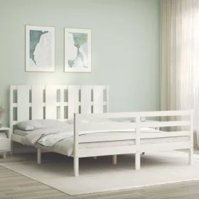 Double bed frame with white solid wood headboard by vidaXL, Beds and slatted bases - Ref: Foro24-3194122, Price: 153,60 €, Di...