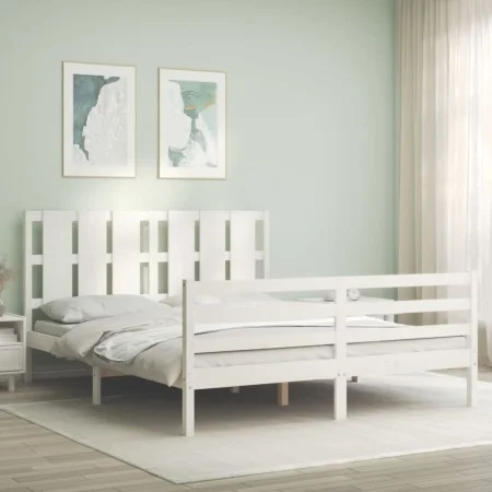 Double bed frame with white solid wood headboard by vidaXL, Beds and slatted bases - Ref: Foro24-3194122, Price: 153,60 €, Di...
