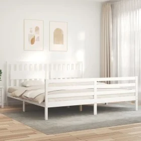 White solid wood bed frame with headboard 200x200 cm by vidaXL, Beds and slatted bases - Ref: Foro24-3194332, Price: 182,18 €...