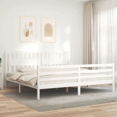 White solid wood bed frame with headboard 200x200 cm by vidaXL, Beds and slatted bases - Ref: Foro24-3194332, Price: 182,18 €...