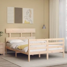 Double bed frame with solid wood headboard by vidaXL, Beds and slatted bases - Ref: Foro24-3195061, Price: 110,26 €, Discount: %