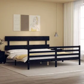 Bed frame with black solid wood headboard 200x200 cm by vidaXL, Beds and slatted bases - Ref: Foro24-3195115, Price: 168,01 €...