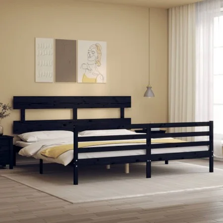 Bed frame with black solid wood headboard 200x200 cm by vidaXL, Beds and slatted bases - Ref: Foro24-3195115, Price: 168,01 €...