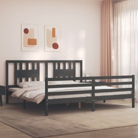 Gray solid wood bed frame with headboard 200x200 cm by vidaXL, Beds and slatted bases - Ref: Foro24-3194593, Price: 175,18 €,...