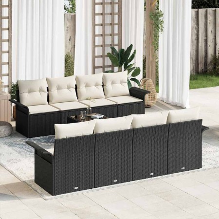 Conjunto de sofá de jardín 9 pcs Negro y crema 55 x 55 x 37 cm