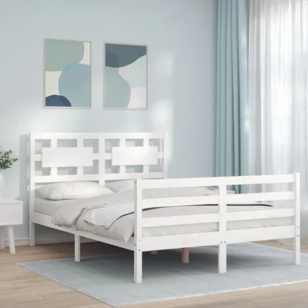White solid wood bed frame with headboard 140x200 cm by vidaXL, Beds and slatted bases - Ref: Foro24-3194442, Price: 137,34 €...