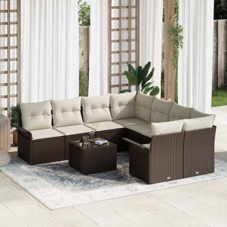Conjunto de sofá de jardín 9 pcs Marrón y crema 55 x 55 x 37 cm