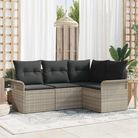 Conjunto de sofá de jardín con cojín 4 pcs Gris claro Poliratán