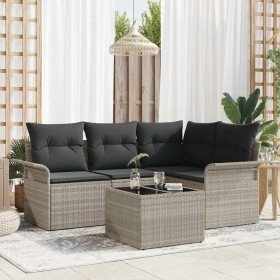 Conjunto de sofá de jardín con cojín 5 pcs Gris claro Poliratán Conjunto de sofá de jardín con cojín 5 pcs Gris claro Poliratán