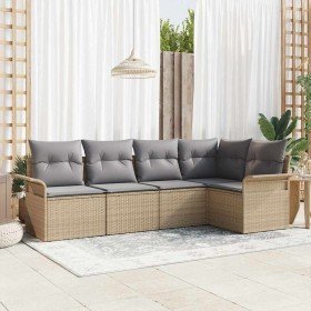 Conjunto de sofá de jardín con cojín 5 pcs Beige Poliratán Conjunto de sofá de jardín con cojín 5 pcs Beige Poliratán