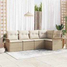 Conjunto de sofá de jardín con cojín 5 pcs Beige Poliratán