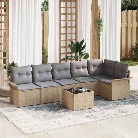 Conjunto de sofá de jardín con cojín 7 pcs Beige Poliratán