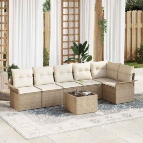 Conjunto de sofá de jardín con cojín 7 pcs Beige Poliratán Conjunto de sofá de jardín con cojín 7 pcs Beige Poliratán