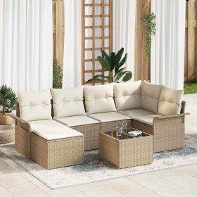 Conjunto de sofá de jardín con cojín 7 pcs Beige Poliratán