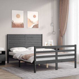 Estructura de cama con cabecero madera maciza gris