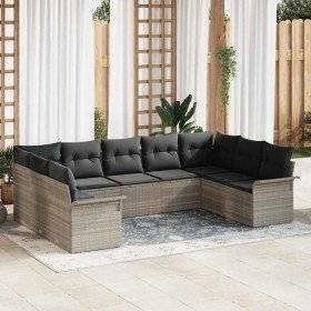 Conjunto de sofá de jardín con cojín 9 pcs Gris Claro Poliratán