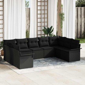 Conjunto de sofá de jardín con cojín 9 pcs Negro Poliratán