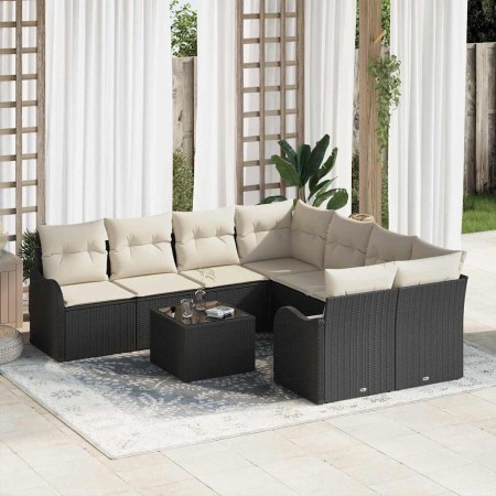 Conjunto de sofá de jardín 9 pcs Negro y crema 55 x 55 x 37 cm