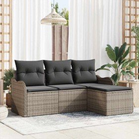 Conjunto de sofá de jardín con cojín 4 pcs Gris Poliratán