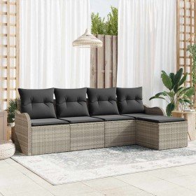 Conjunto de sofá de jardín con cojín 5 pcs Gris Claro Poliratán