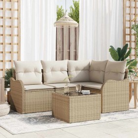 Conjunto de sofá de jardín con cojín 5 pcs Marrón Poliratán