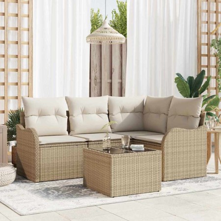 Conjunto de sofá de jardín con cojín 5 pcs Marrón Poliratán